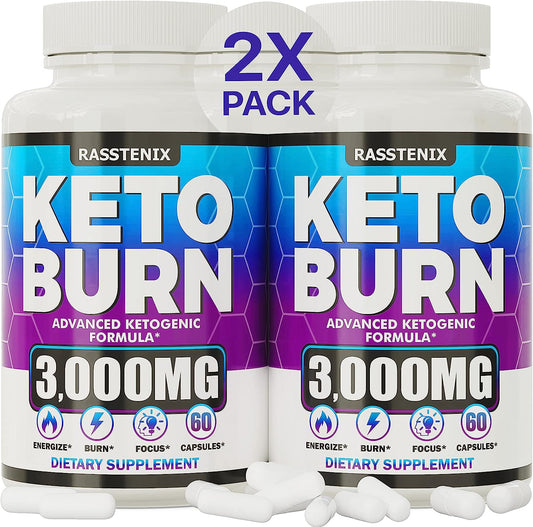 KETO BURN (Ketoni za sagorevanje masti oko struka) 3000mg-60 caps;  Povećajte energiju i metabolizam - Egzogeni Keto BHB dodatak za žene i muškarce (2 pakovanja x 30 kapsula)-Rastenix USA