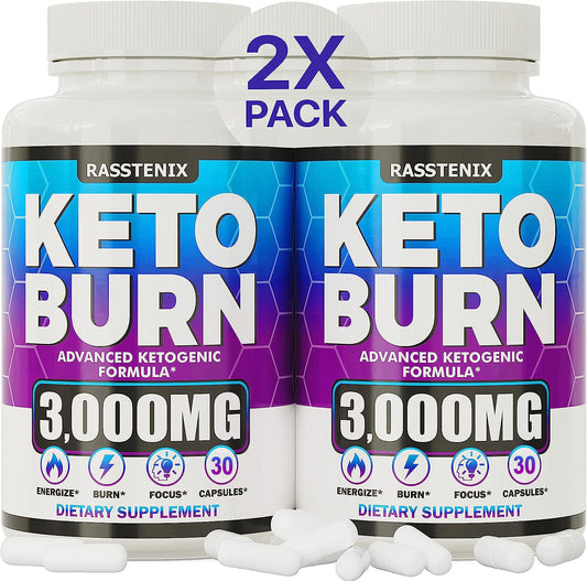 KETO BURN (Ketoni za sagorevanje masti oko struka) 3000mg-30 caps;  Povećajte energiju i metabolizam - Egzogeni Keto BHB dodatak za žene i muškarce (2 pakovanja x 30 kapsula)-Rastenix USA