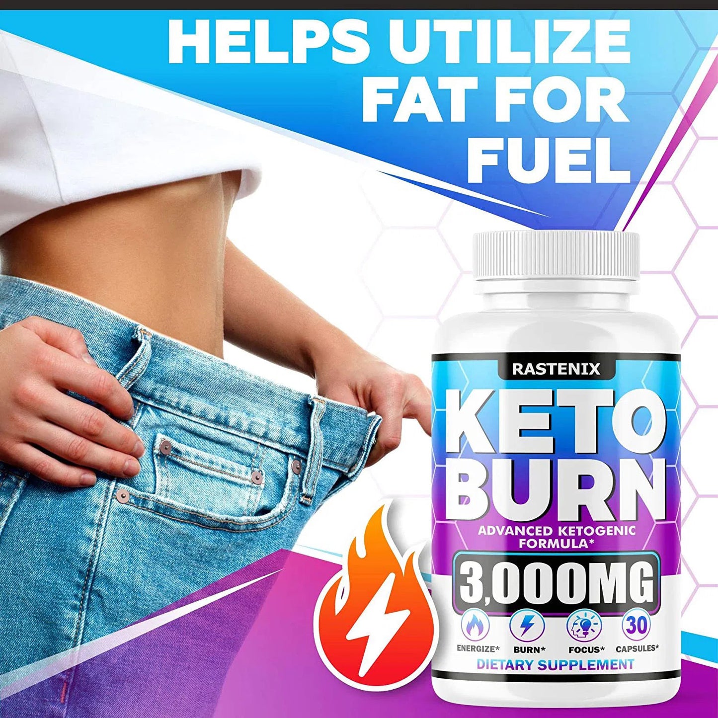 KETO BURN (Ketoni za sagorevanje masti oko struka) 3000mg-30 caps;  Povećajte energiju i metabolizam - Egzogeni Keto BHB dodatak za žene i muškarce (2 pakovanja x 30 kapsula)-Rastenix USA