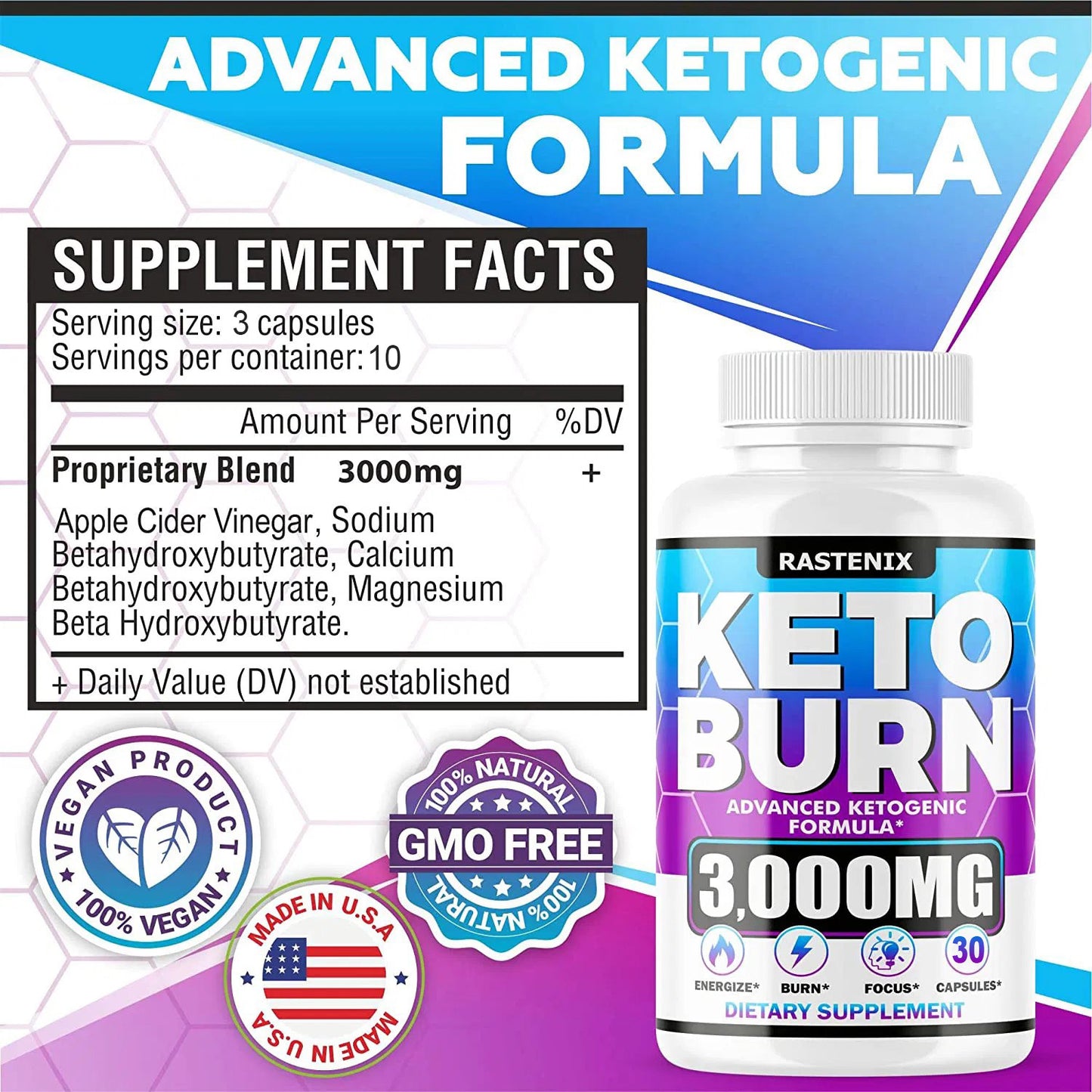 KETO BURN (Ketoni za sagorevanje masti oko struka) 3000mg-30 caps;  Povećajte energiju i metabolizam - Egzogeni Keto BHB dodatak za žene i muškarce (2 pakovanja x 30 kapsula)-Rastenix USA